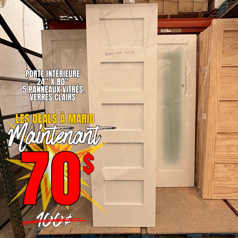 Porte intérieure 5 panneaux vitrée clair 24 x 80