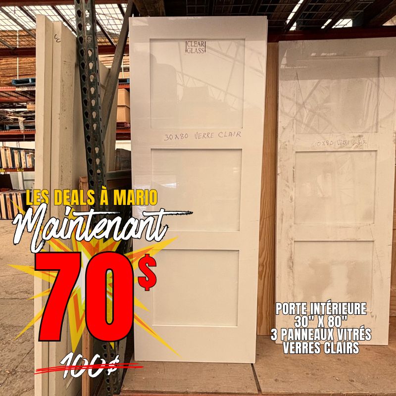 Porte Intérieure 3 panneaux vitré clair 30 x 80